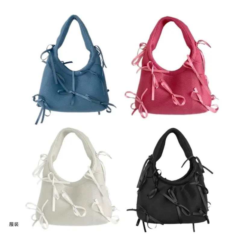 D0UD Vintage Polyester Solid Color Small Handbag for Women Girls French Sweet Bowknot Decorations Elegant Small Purse