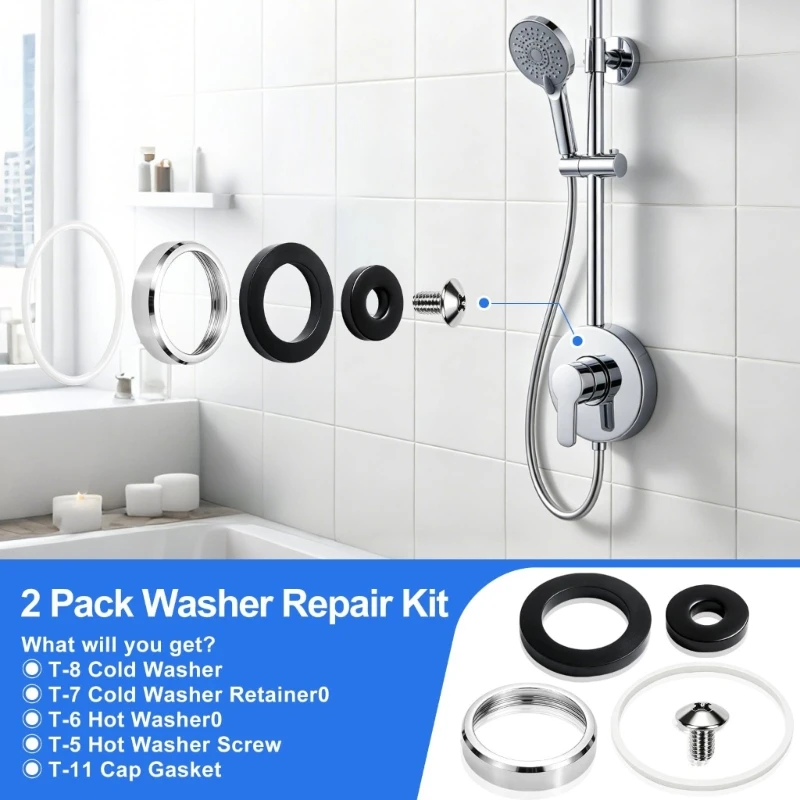 Shower Faucet Washer Repair 2 Sets with Cap Gaskets, Hot and Cold Washers, Retaining Rings and Screws for Worn Spindle M4YD