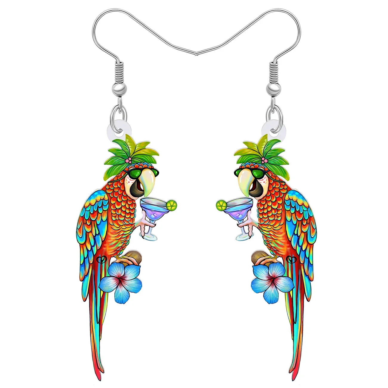 BONSNY Acrylic Novelty Macaws Parrot Flower Wine Earrings Forest Animal Bird Drop Dangle Jewelry Gifts Decor For Women Girls Kid