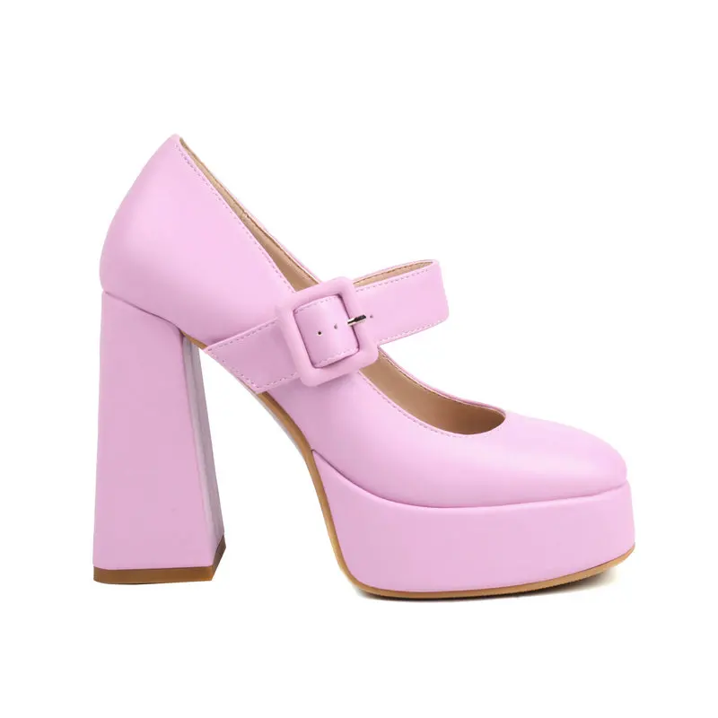 الوردي البرتقالي الكلاسيكية مغلقة جولة تو السيدات فستان الحفلات مضخات كبيرة مشبك حزام منصة عالية الكعب أحذية امرأة ماري جينس الكعوب