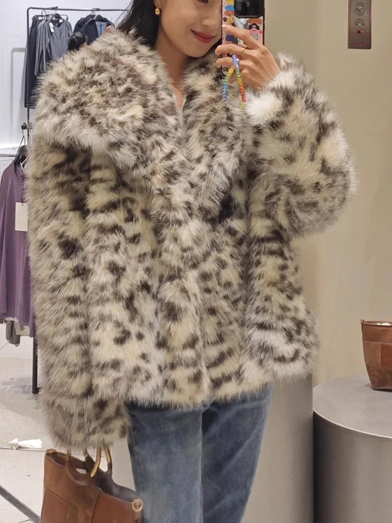 2025년 가을 럭셔리 센세이션 인조 모피 재킷 레오파드 프린트 동물 패턴 코트 여성용 따뜻한 폴리에스터 섬유 롱 코트