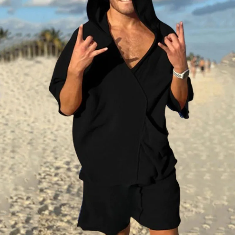 2025 new men's V-neck fashion short-sleeved shorts two-piece summer thin men's hooded beach leisure outdoor suit - Image 2