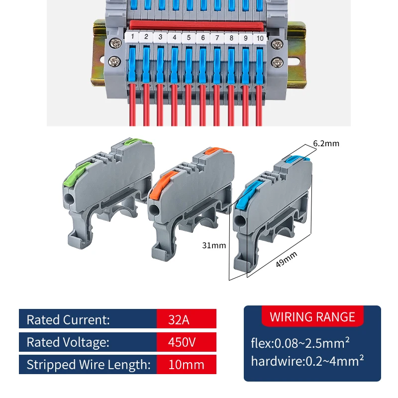 JINH DIN Rail Terminal Block Reusable Push Type Wire Connector for V0 Fireproof Household Stable Conductive Terminal Block