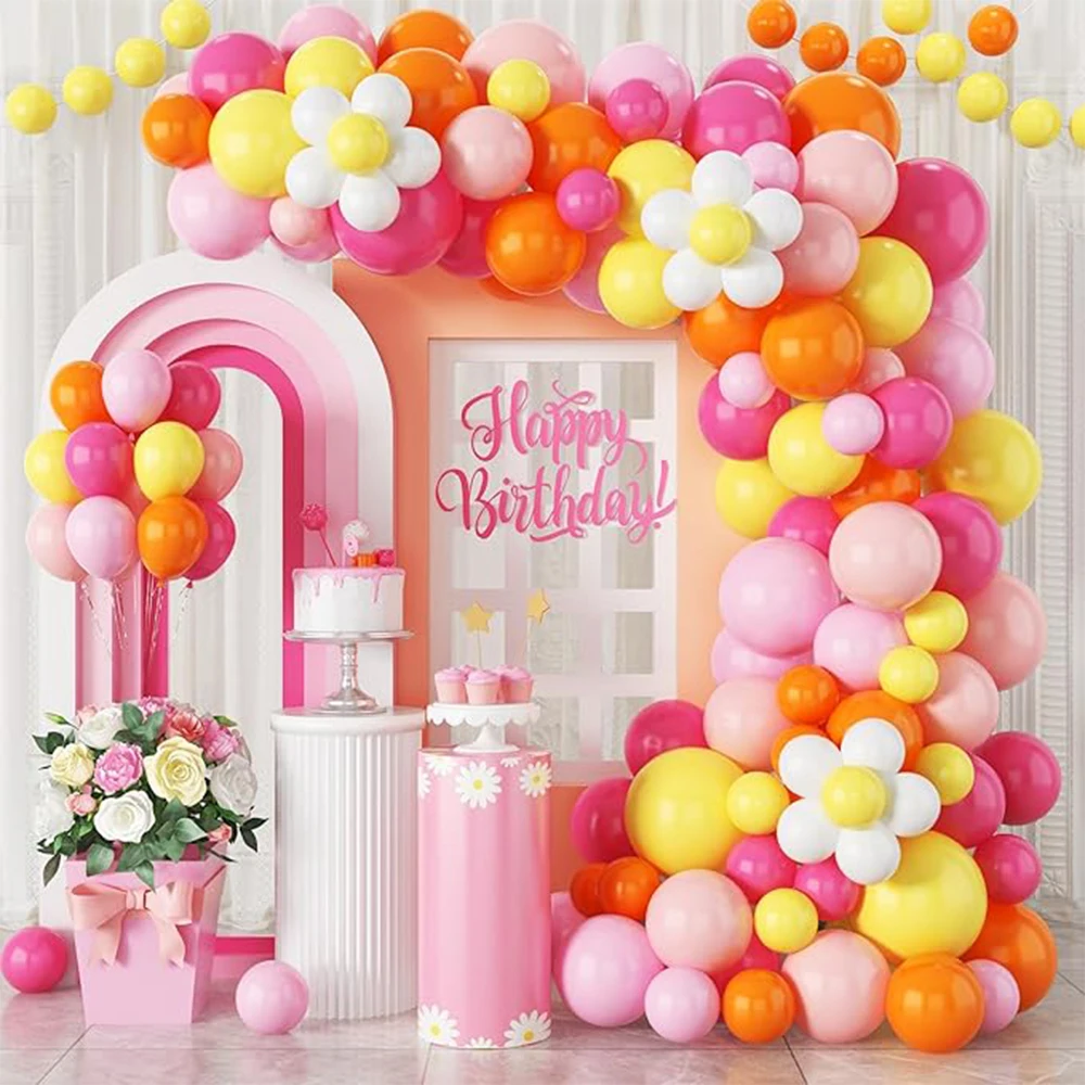 80pcs Pink Orange Balloon Arch, Pink Hot Pink Orange Yellow Balloons for Princess Tropical Hawaiian Theme Birthday Party Decor