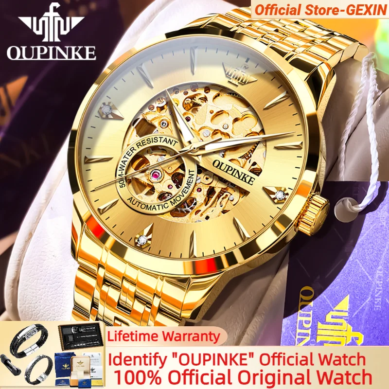 OUPINKE 3308 ساعات ميكانيكية أوتوماتيكية للرجال مستوردة من اليابان حركة مجوفة مينا ذهبي ساعة رجالية فاخرة