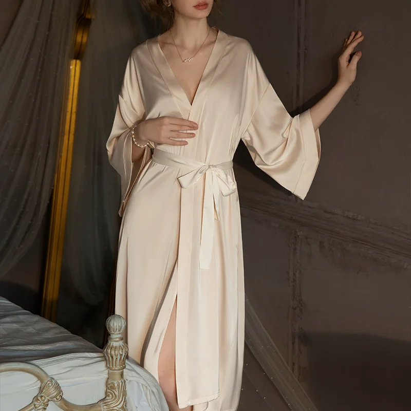 Winsleter-Women Sexy 3/4 Sleeve Night-robe, Solid Lace-up Bathrobe, Simplicity Bride Pajamas Robe, 2025 Spring Summer P4D921CC