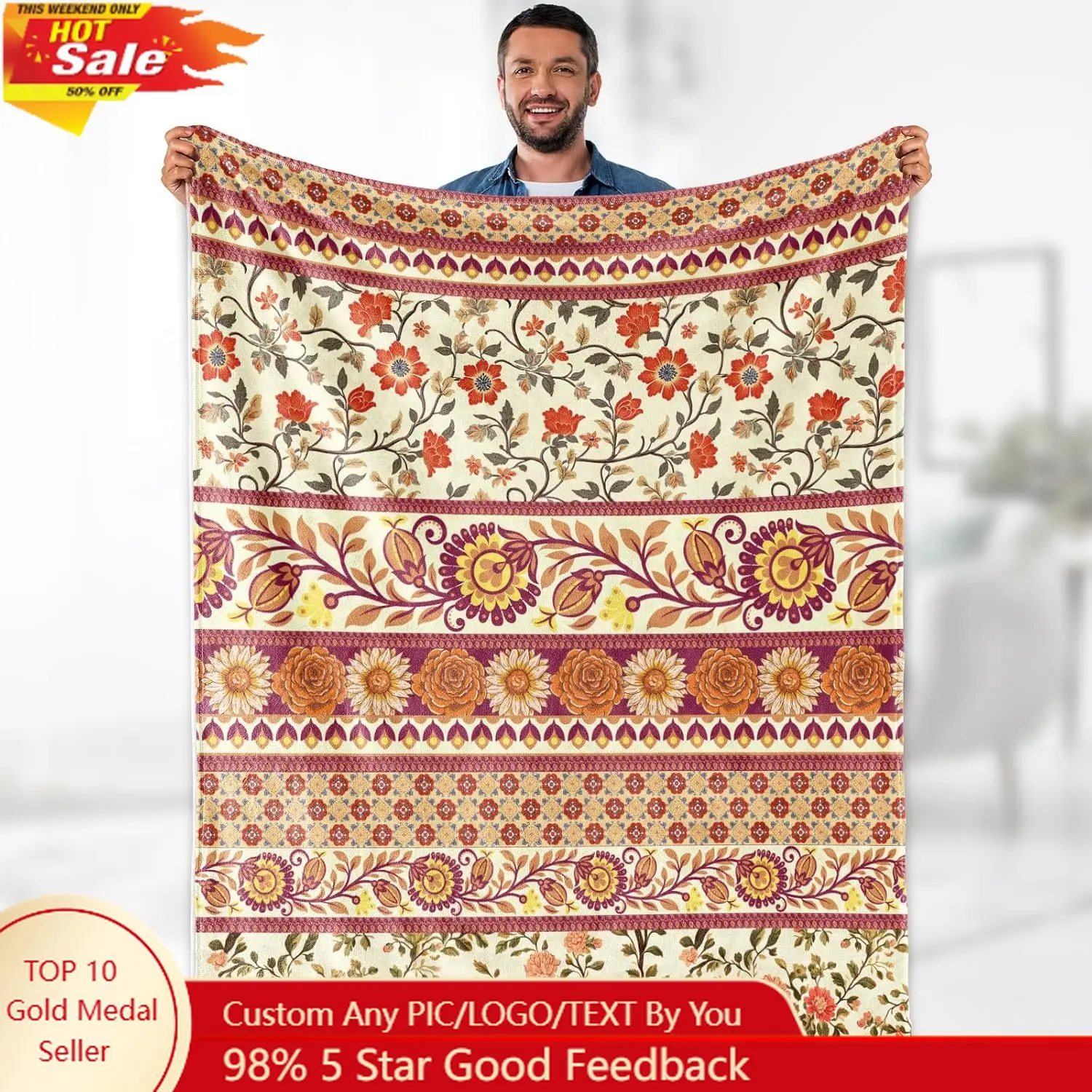 

Aimego Boho Floral Blanket Gifts for Women Mom Wife Girls Throw Bohemian Flowers Bedroom Living Room Decor Cozy Bed Couch Plush