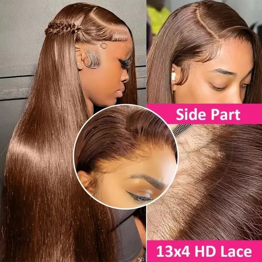 36 38 inch #4 Chocolate Brown 13x4 HD Lace Front Human Hair Wigs Pre Plucked Peruvian Straight Glueless Lace Frontal Wigs Women image 4