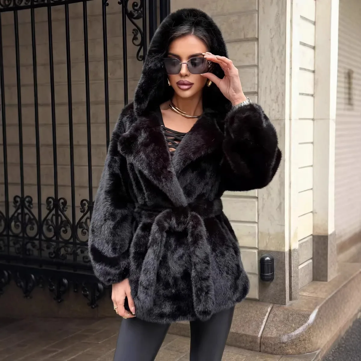 Faux Fur Jackets Women Hooded Coats Mid Length Coat Thick Warm Y2k Streetwear Jacket Elegant Work Belt Tight Waist Autumn Winter