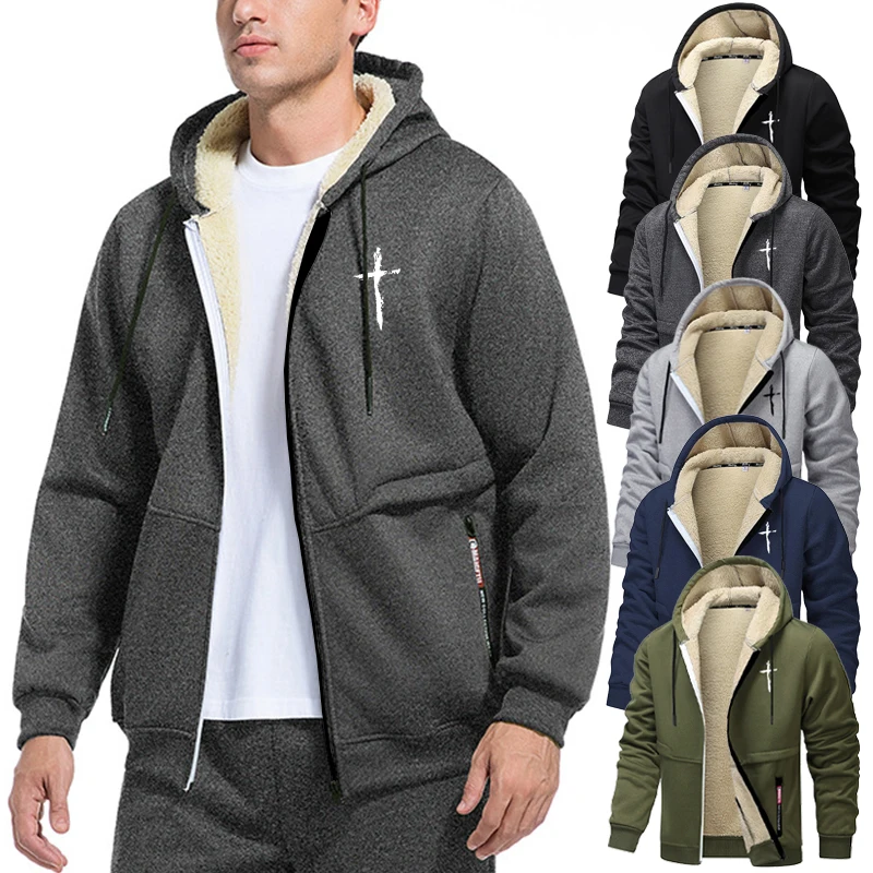 

Мужская плюшевая подкладка из шерпа с перекрестным принтом, зимняя теплая флисовая верхняя одежда, повседневное пальто с капюшоном на молнии и карманом на молнии