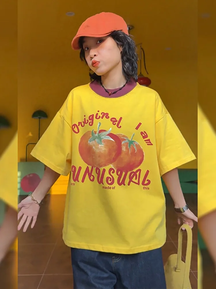 

Loose Short Yellow Base Shirt Summer New Design Short Sleeve T-Shirt Women's Comfortable Breathable Printed round Neck Top