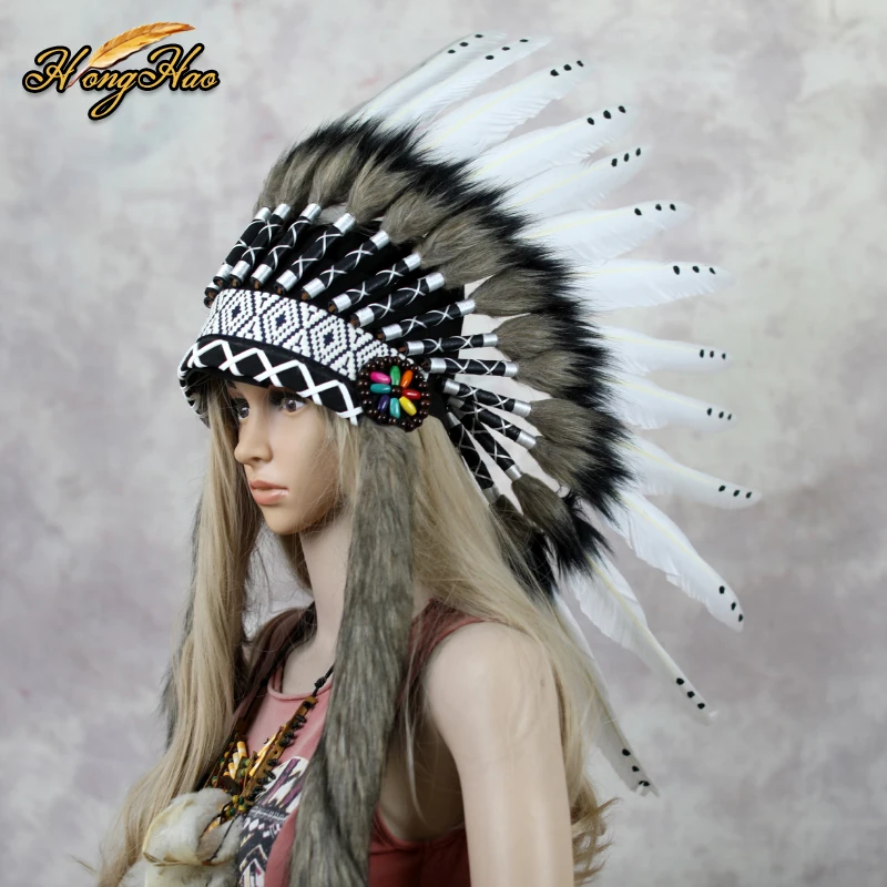 

Handmade White Black Indian Feather Headdress Costume Chief Hat Headband Festival Carnival Party Bonnet Halloween Decoration