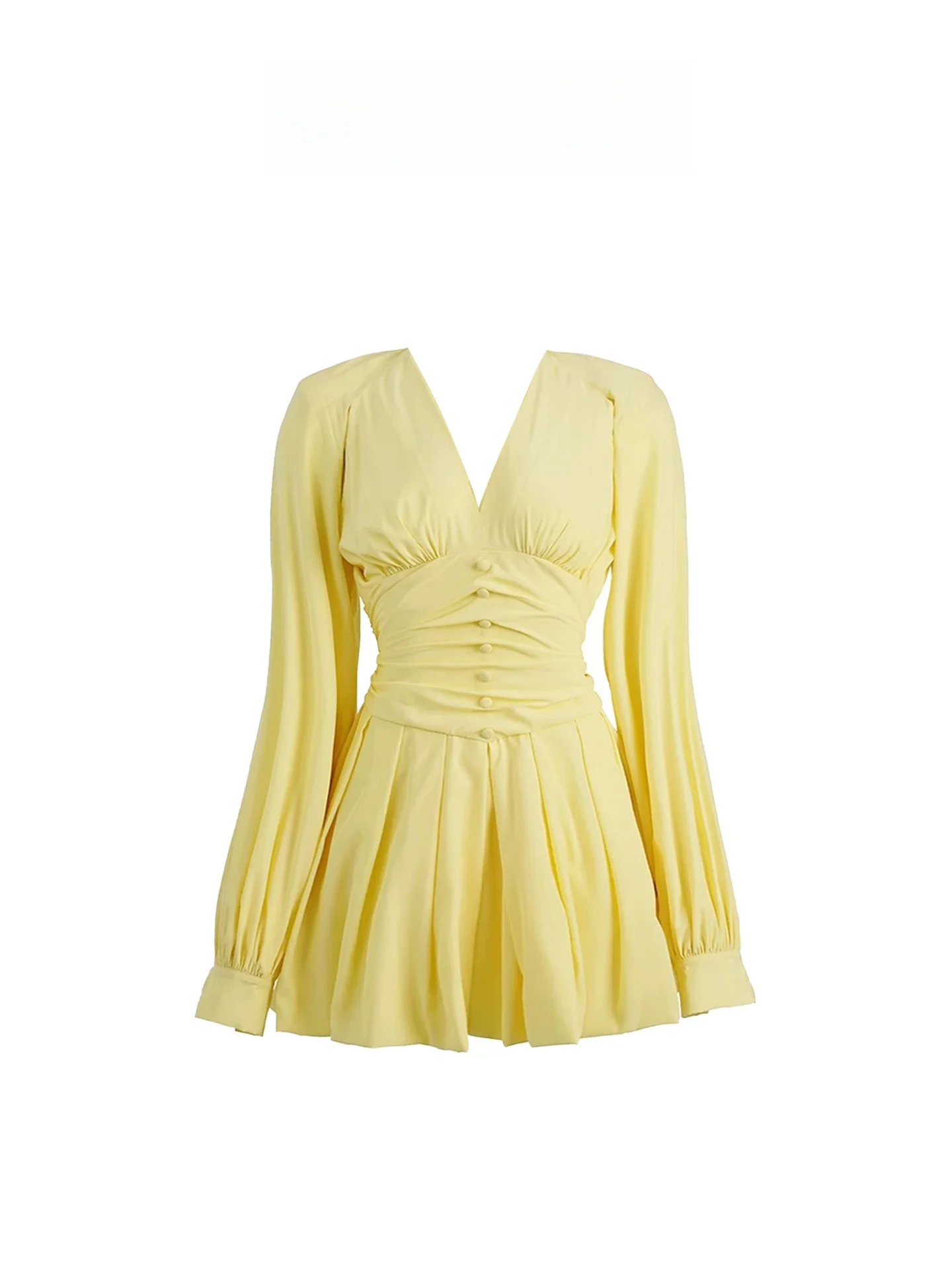 HEZA jaune Long Sve v-ne Dr femme douce jeune plissée taille couchée irt Dr a-ligne français Sle automne Dr