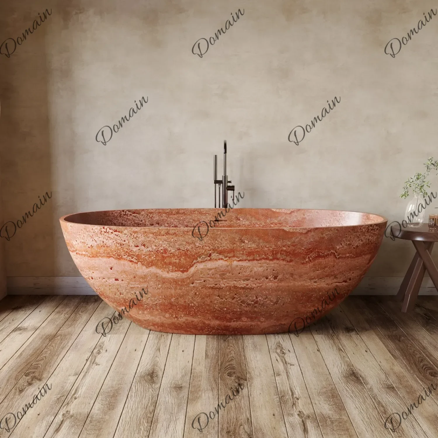ER Any Size Custom Red Travertine Bathtub Thin Rim Oval Soaking Tub Heat Retaining Durable Easy Clean Freestanding Hotel Villa B