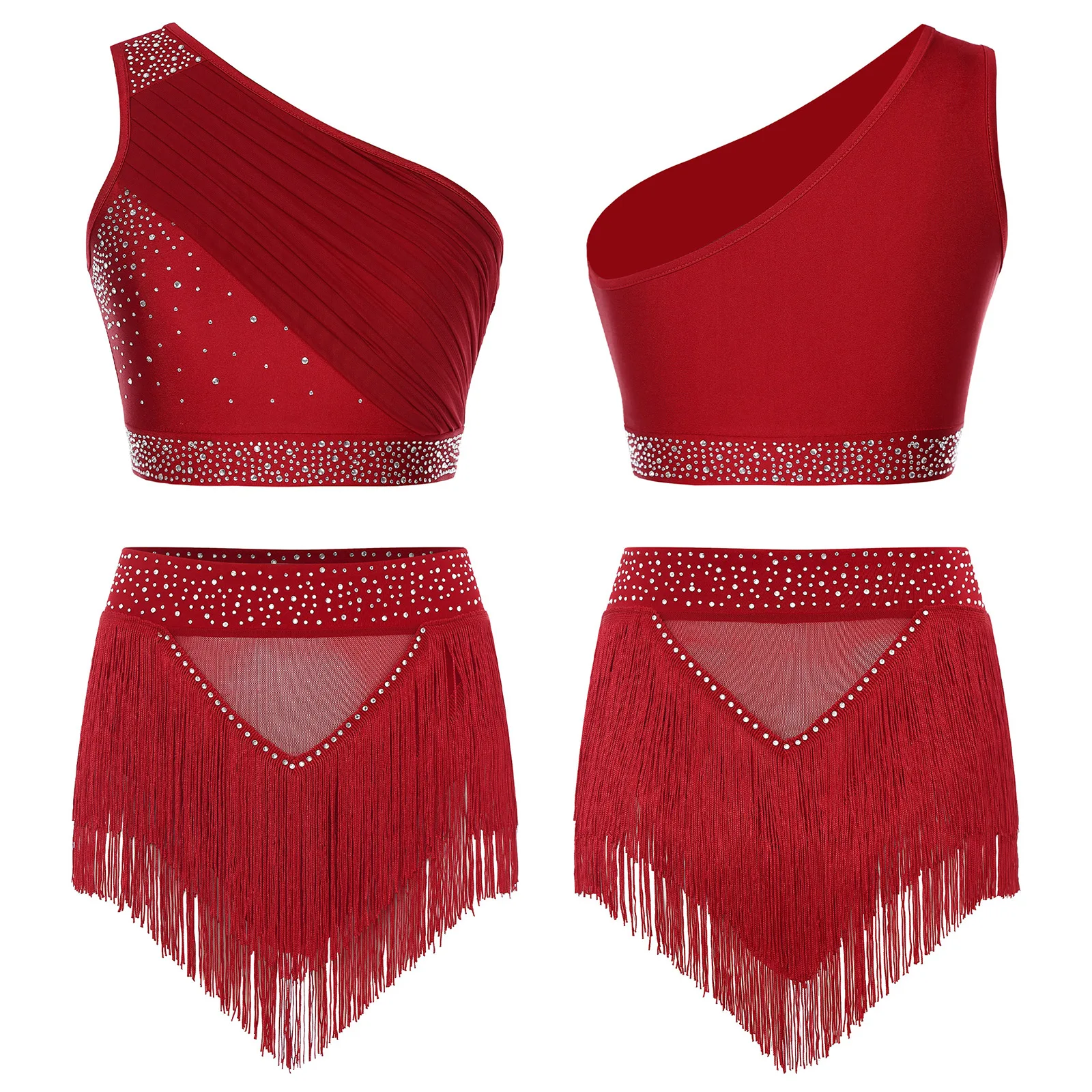 현대 서정적 댄스 의상 탱고 살사 라틴 댄스 공연 경연 대회 댄스웨어 민소매 프린지 크롭 탑 스커트 세트