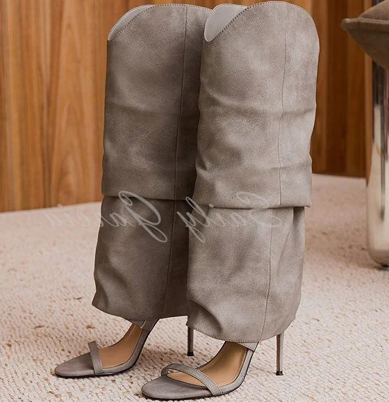 

Round Toe Pleated Long Boots Summer New Sexy Peep Toe Stiletto Heel Slip On Solid Color Plus Size Cut-Out Retro Sandals