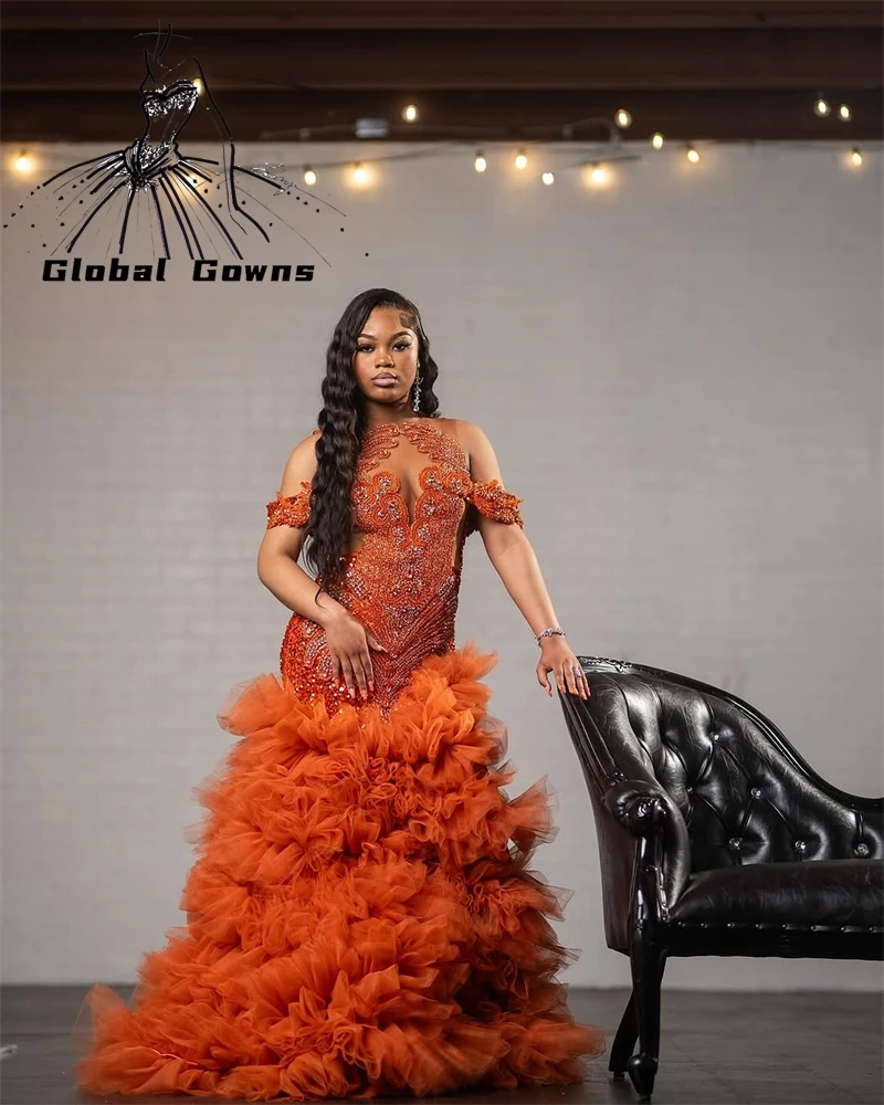 

Оранжевые длинные платья для выпускного вечера для черных девочек, расшитые бисером и кристаллами, 2025 г., роскошное платье на день рождения с блестками и оборками по индивидуальному заказу