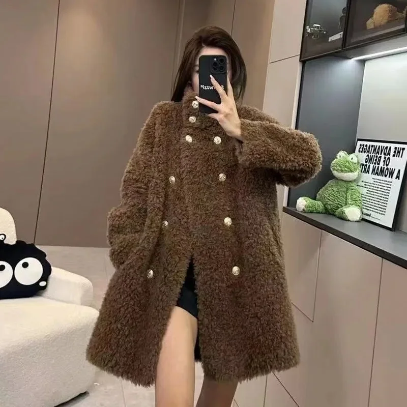 Black Lamb Wool Coat 2024 Autumn/Winter New Popular and Popular Maillard Small Fragrance Style High Grade Fashion Mid length Top