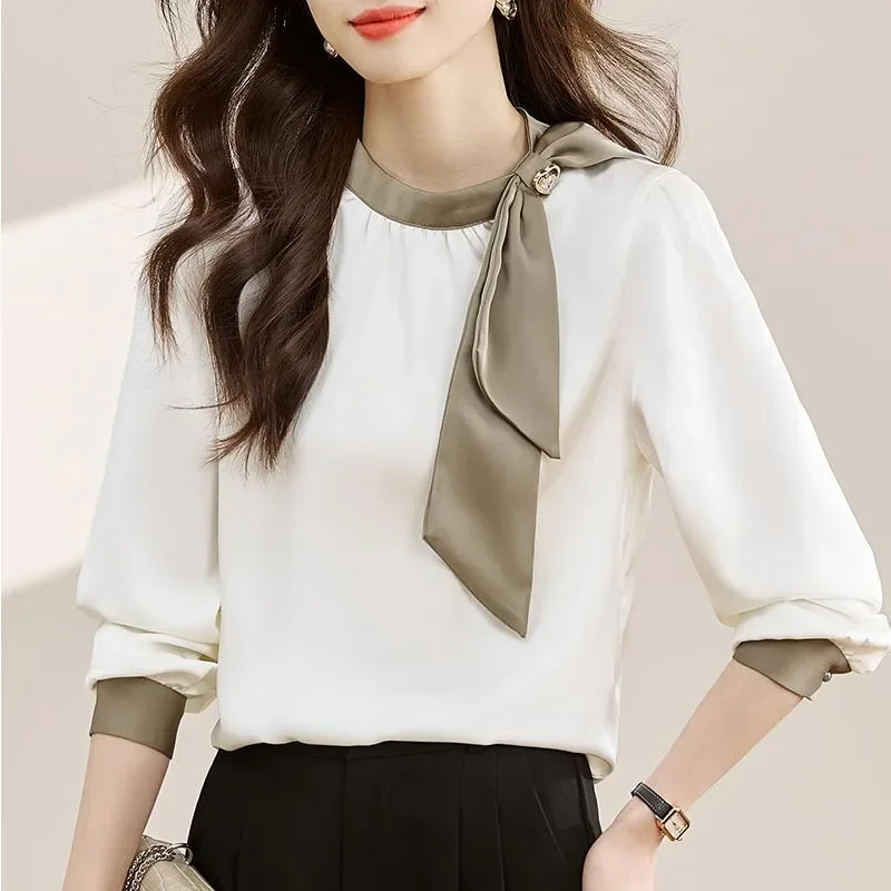 Nieuwe Lange Mouw O-hals Vrouwen Blouse Patchwork Boog Blouse Shirt Vrouwen Tops Blouses Shirts Blusas Para Mujer Camisas Blusas N209