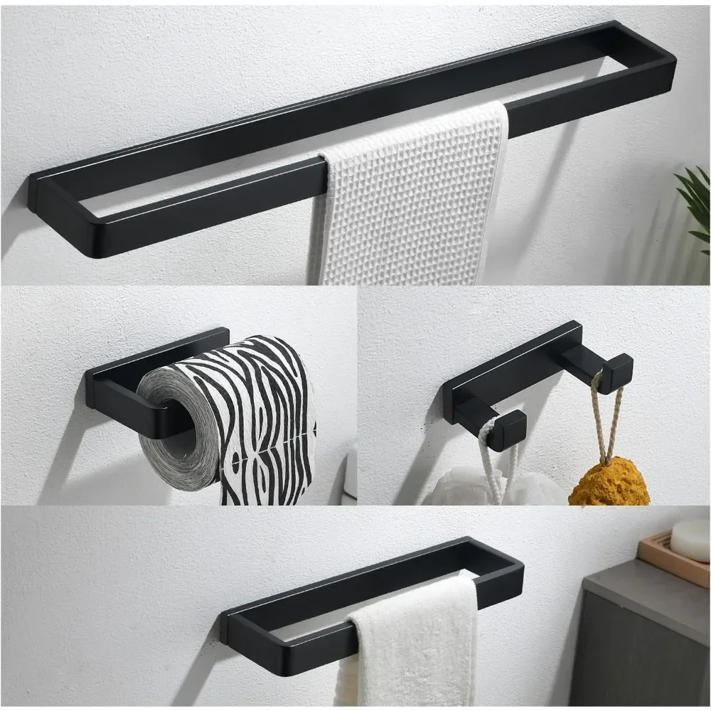 Preto Banheiro Hardware Acessórios Set, Toalha Bar, Toalheiros Conjuntos, Toalheiro Anel Kit, Aço inoxidável, Wall Mounted, 4 Pcs