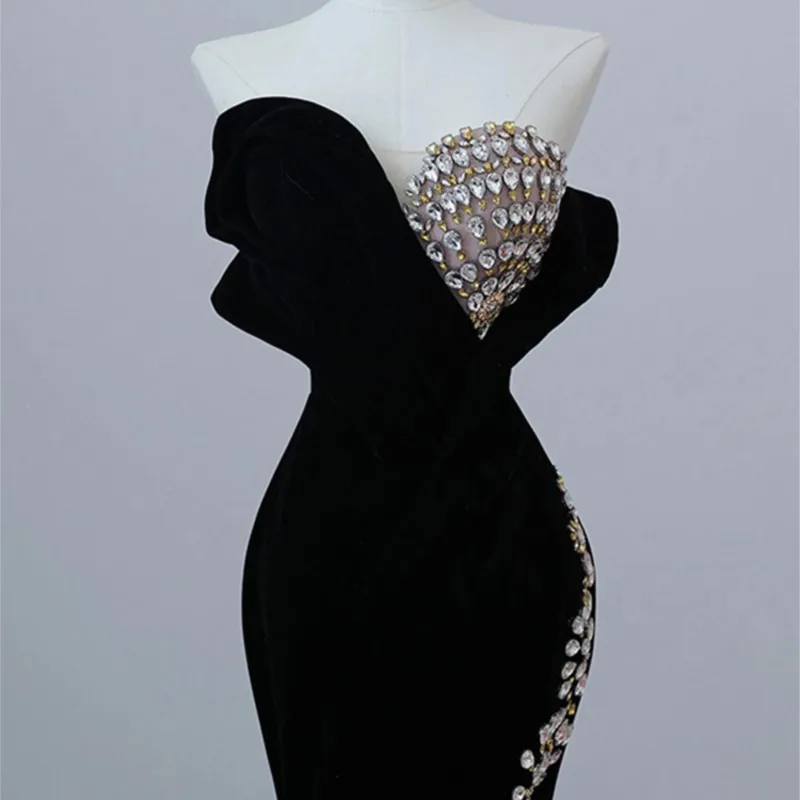 Black breast fish tail slit sequin mitzvah temperament banquet host catwalk dress