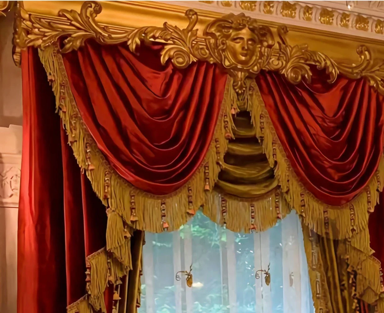 Gold Red Embroidered Window Screen Velvet Splicing Thickened Curtains for Living Room Bedroom French Balcony Villa Valance