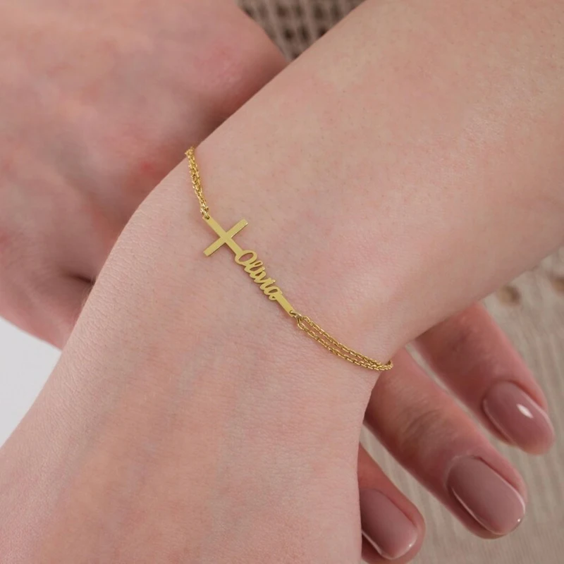 

Custom Baptism Name Bracelet Personalized Stainless Steel 18K Gold Plated Cross Letters Pendant Bracelet Women Personalized Gift