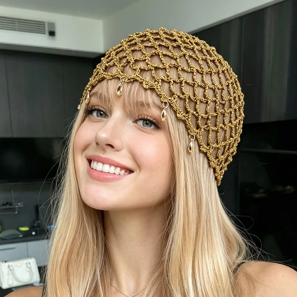 Boho Style Women's Handmade Crochet Hat Summer Shell Pendant Hollow Knitted Hat Retro Fishnet Turban Hat Gold Pullover Hat