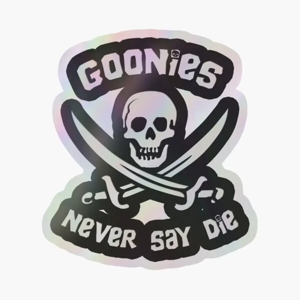 

Голографическая наклейка Goonies Never Say Die для декора ноутбука, спальни, автомобиля, милый мультяшный арт, модный общественный чемодан