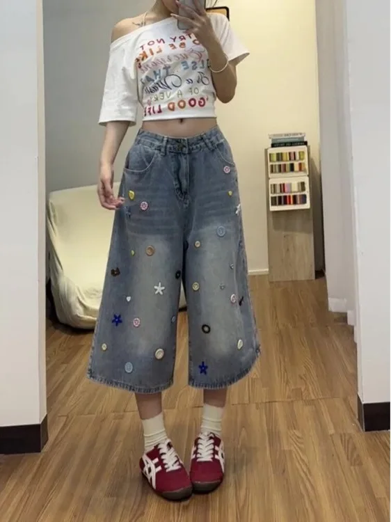 

plus Size American Style Dopaamine Colored Button Seven Inch Jeans Women's Straight Leg Wide Leg Six Inch Pants Summer Denim