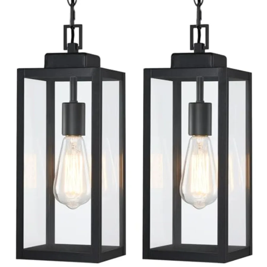 s 5'' Large Outdoor Pendant Light, Modern Outside Chandelier Outdoor Hanging Lantern Light, Matte Black with Clear Glass, Exter