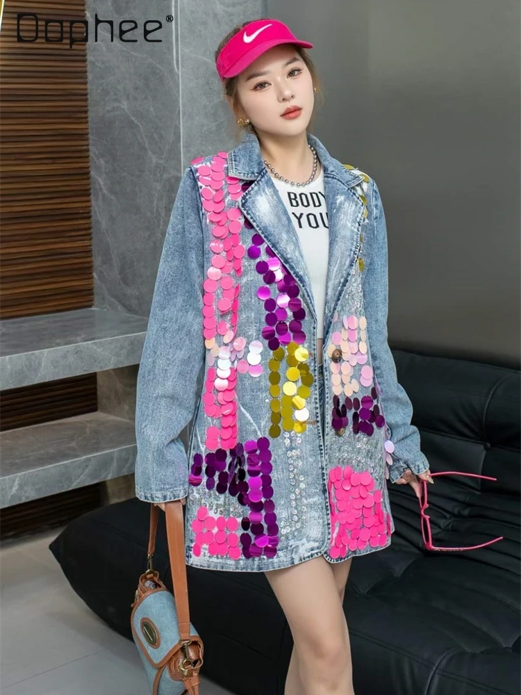 

Heavy Embroidery Sequins Long-Sleeved Jeans Jacket for Women Spring and Autumn Loose All-Matching Fashion Mid-Length Denim Coats