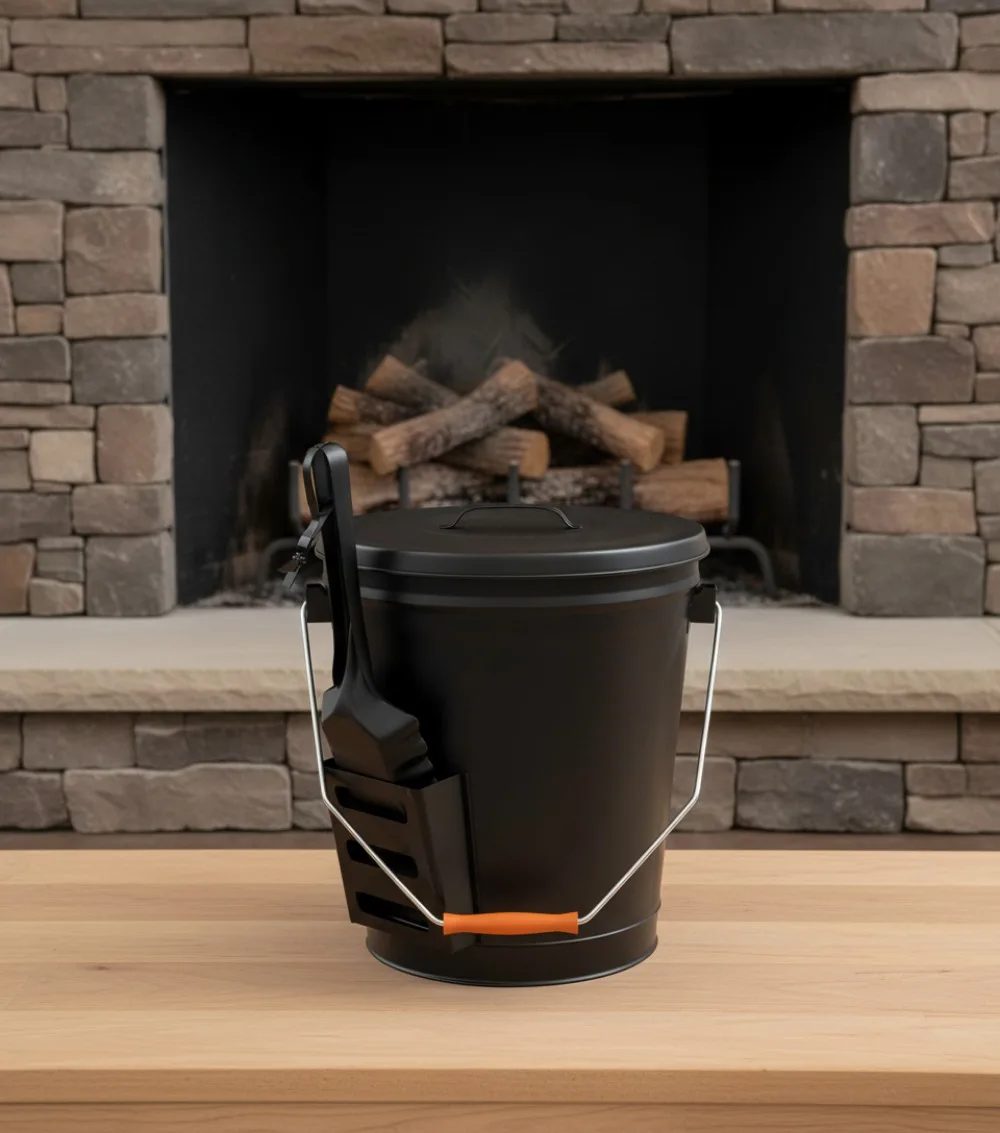 

Металлическое ведро для золы емкостью 4,75 галлона с крышкой и лопатой — термостойкое для камина, камина и наружного использования.