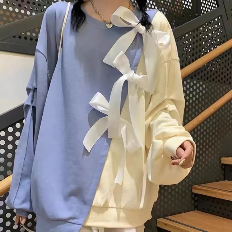 Moletom americano de manga comprida com laço de retalhos para menina, design retrô, moletom feminino, versátil e moderno, primavera/outono