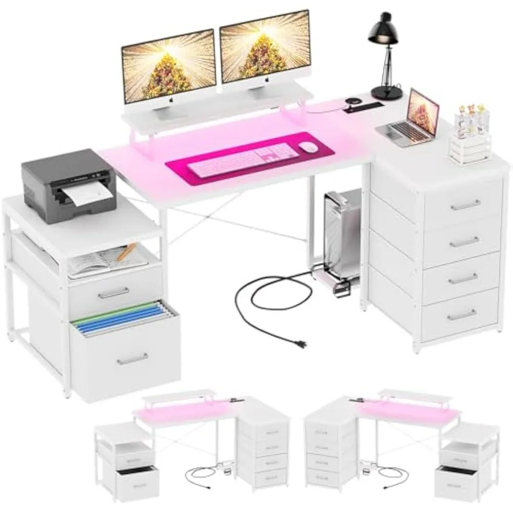 

70.8" Reversible L Shaped Computer Desk with Fabric File Drawers, Corner Desks with RGB LED Light & Power Outlets & Monitor Sta