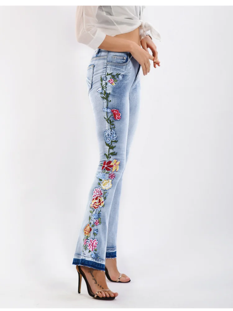 Spring Autumn Jeans for Women Fashion Flowers 3D Embroidery Wide Leg Pants Women Casual Mid-waist Denim Trousers Femme