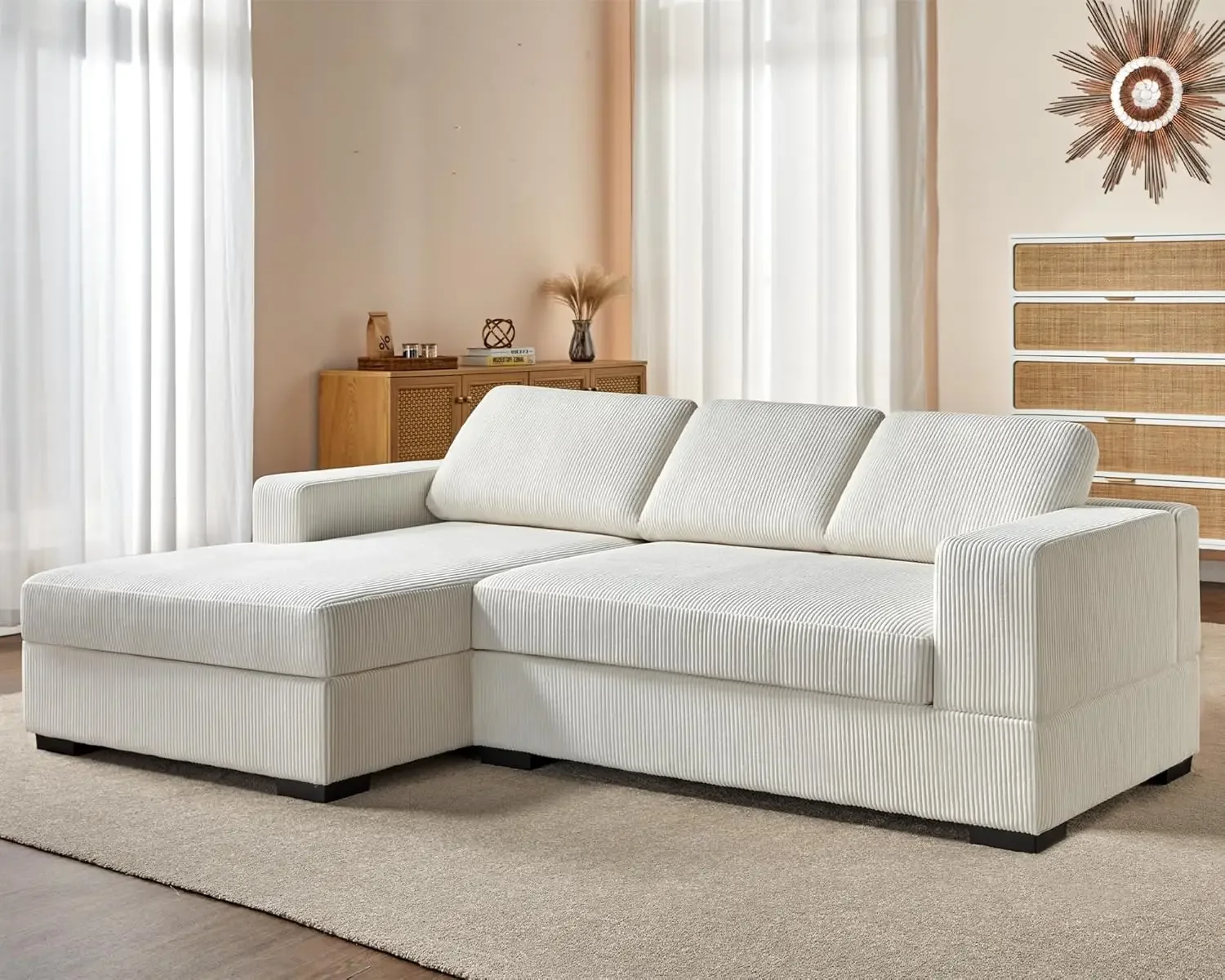 96 Inch Sectional Sofa, Modern Couch with Chaise, Comfy Sofa Couch with Left Chaise, White Corduroy Sofa