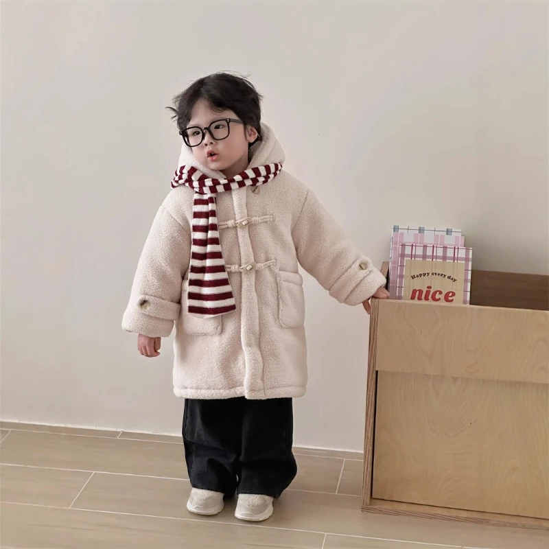 2025 Winter Hot Selling New Children's Lamb Fleece Medium to Long Hooded Solid Color Bull Horn Button Coat