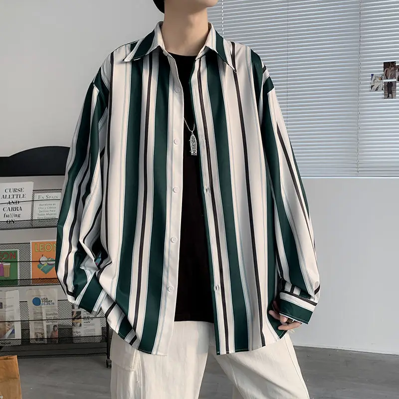 2023 Spring New Hong Kong Breeze Long Sleeve Striped Printed Fashion Trend Temperament Men's Clothing Loose Korean Version Shirt