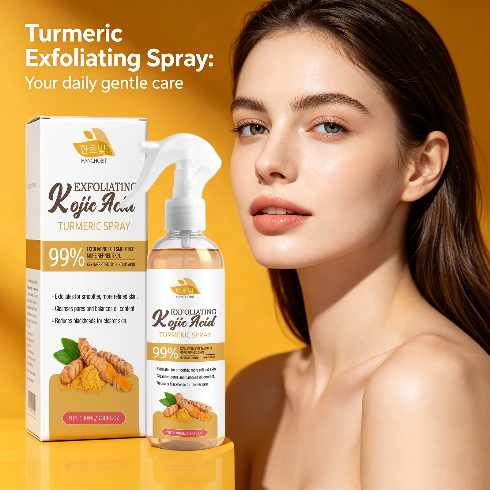Kojic Acid Turmeric Exfoliating Spray 100ml Reduce Blackheads Pore Cleansing Oil Control Facial Mist Brightening Rough Skin Care