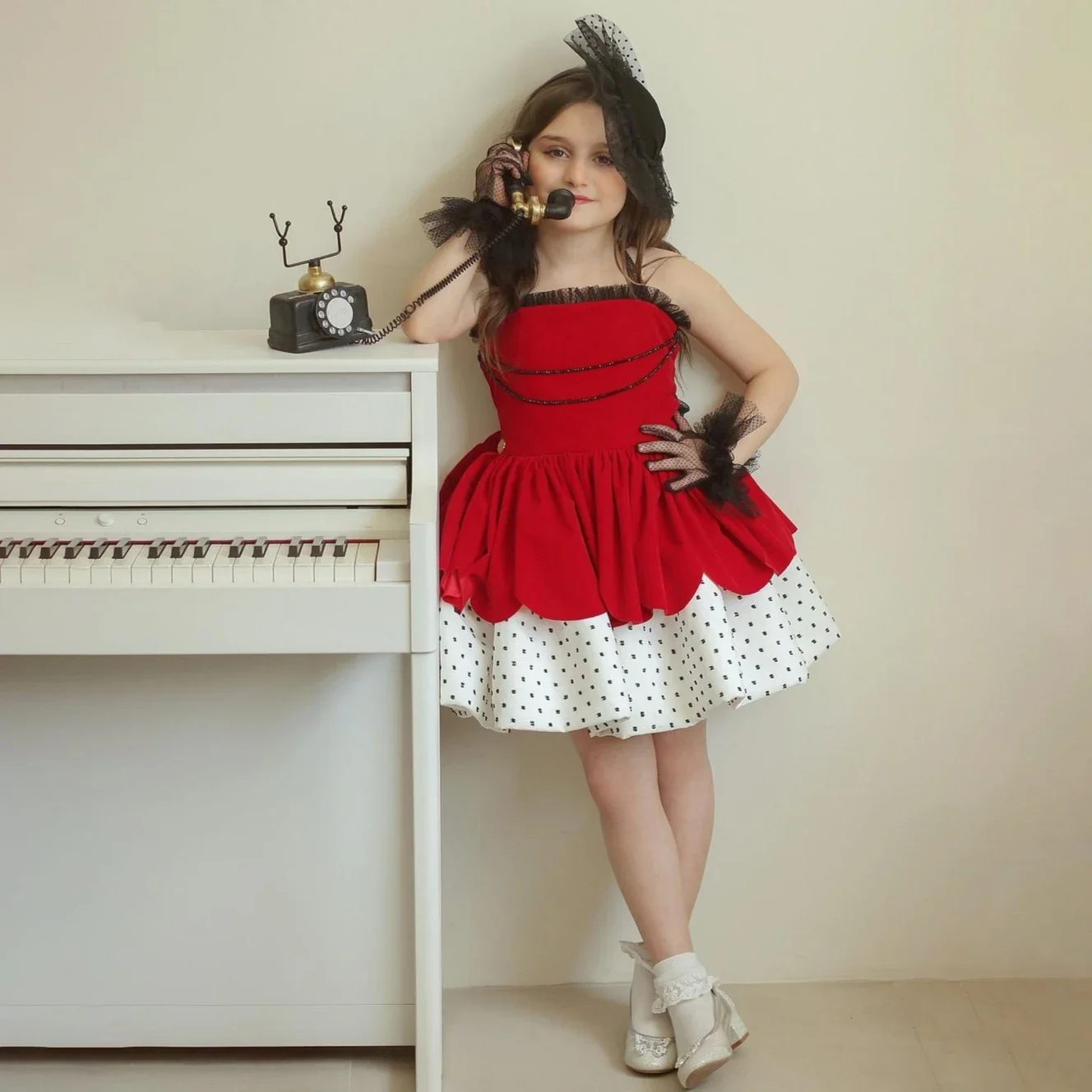 Czerwona Sukienka dla Dziewczynki na Kwiaty Księżniczka Kostium Halloween Dzieci 4-10 Lat Karnawał Kropki Cosplay Sukienka na Imprezę dla Dziewczynek Kokarda Nowy Rok