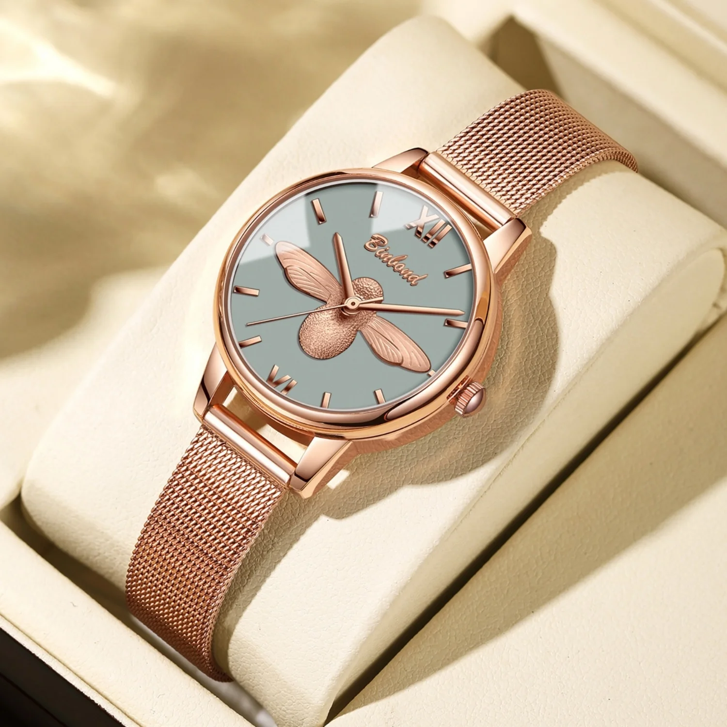 

BINBOND Brand Casual Fashion Ladies Watch Stainless Steel Strap 30M Water-Resistance Ore Reinforcement Glass Birthday Gift Box