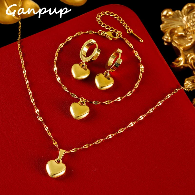 

GANPUP 316L Stainless Steel Heart Love Necklace Bracelets Earrings Set For Women Gold Color Rust Proof Charm Jewelry Bijoux