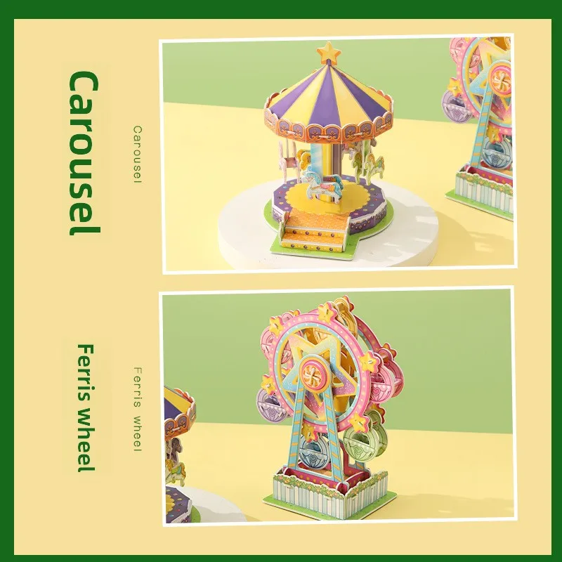 Kids' 3D Ferris Wheel&Carousel Puzzle|DIY Paper Craft Assembly Toy|Educational Brain Teaser|Hand-Eye Coordination Training