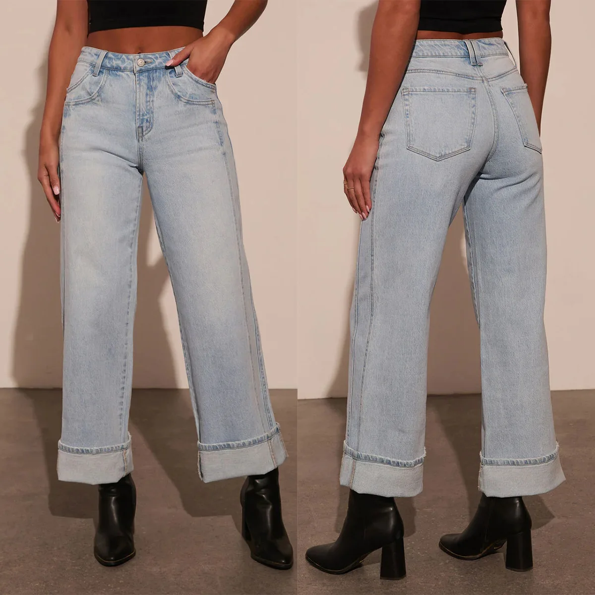 Women Bleached Casual Loose Middle Waist Straight Women's Fashion Jeans Denim Pants High Waist