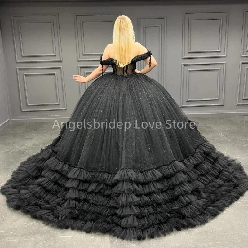 Angelsbridep Sparkly Tulle Black Tiered Beading Ball Gown Quinceanera Dresses 2025 Off Shoulder Vestidos De XV 15 Anos