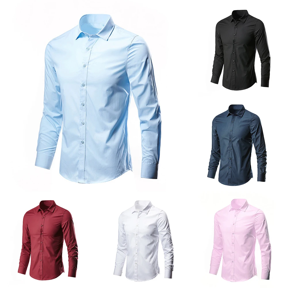 Men Korean Business Casual Long Sleeve Shirt Anti-Wrinkle Male Social Formal Pullover Fashionable Solid Color