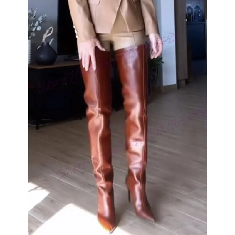 Brown Strappy Over The Knee Boots Matte Leather Pointed Toe Shoes for Women Thin High Heels Party Shoes 2024 Zapatos Para Mujere