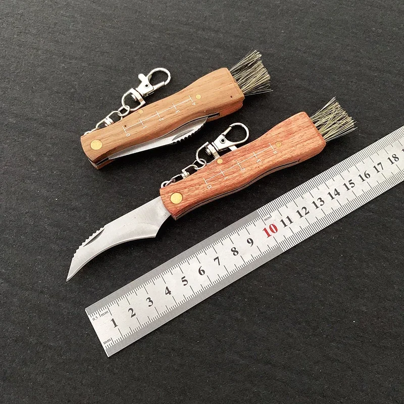 Грибной нож с ручкой из груши, складные ножи из нержавеющей стали, карманные ножи для кемпинга, EDC, многофункциональный инструмент с цепочкой