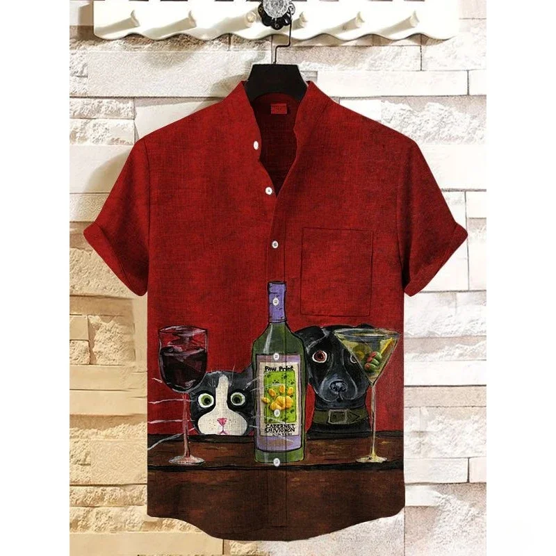 Men's Decadent Smoking Working Black Cat Contrast Color Print Linen Blend Shirt Harajuku Streetwear Hipster Button Down Shirts